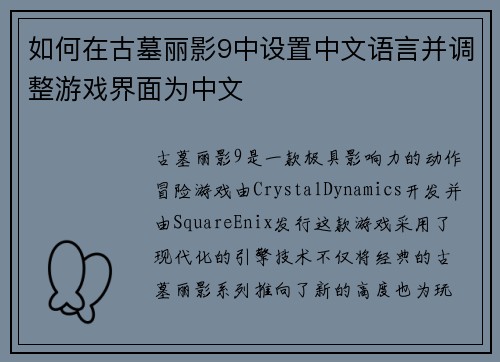 如何在古墓丽影9中设置中文语言并调整游戏界面为中文